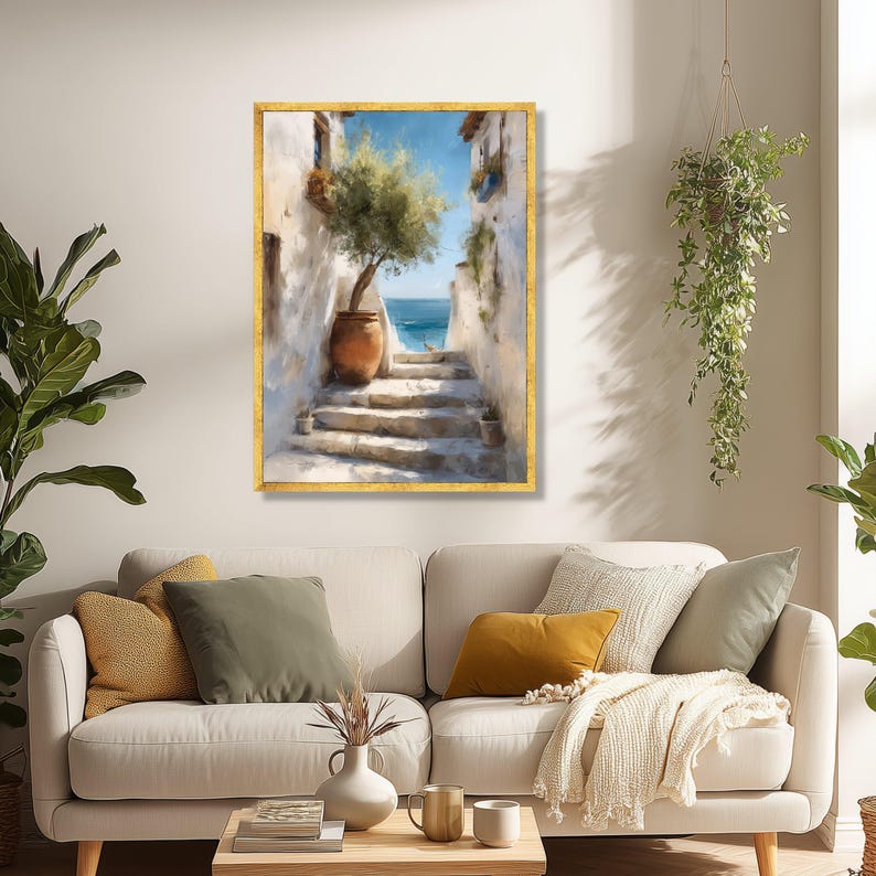 Mediterranean Sea View Canvas Print, Olive Tree Clay Pot, Coastal ...