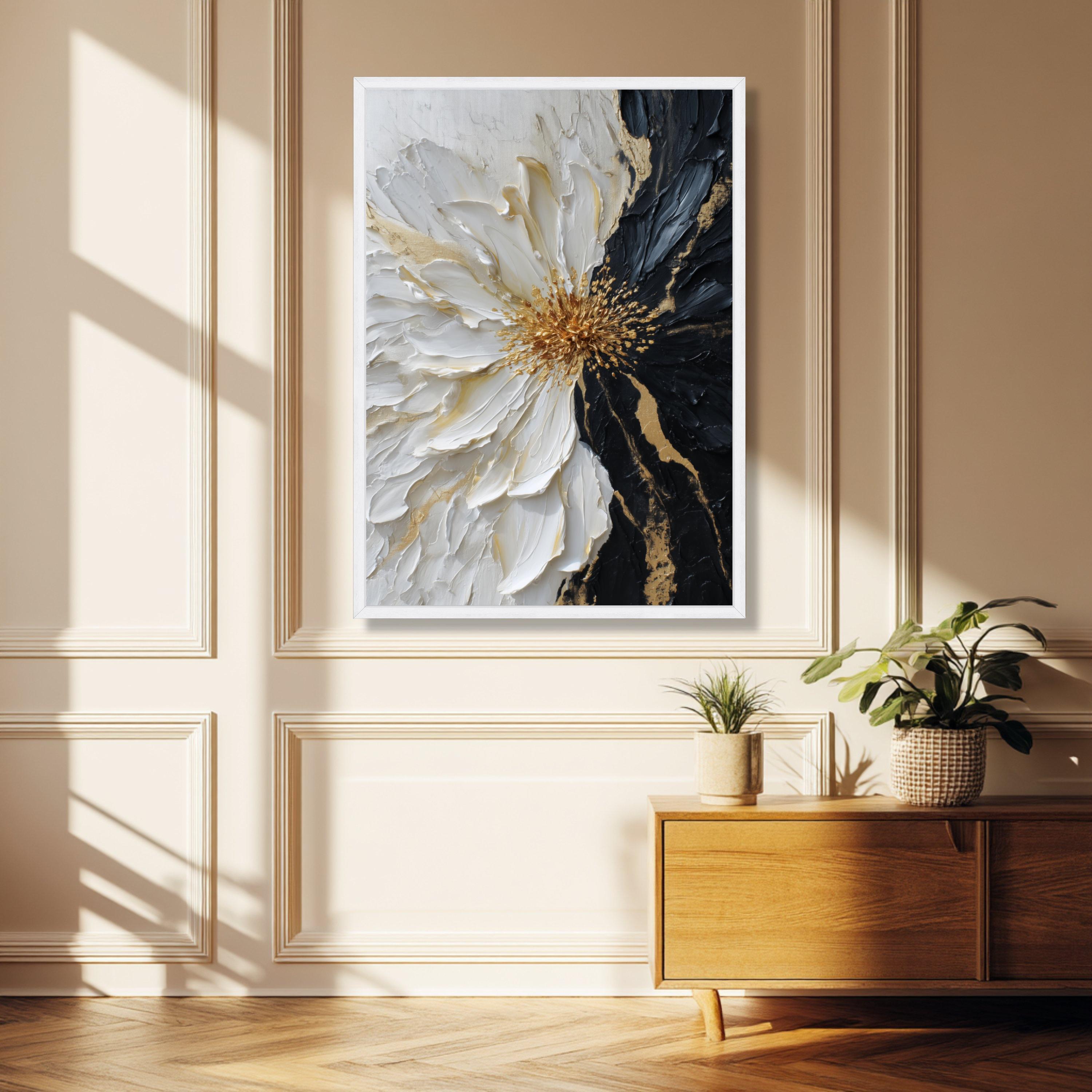Black and White Floral Wall Art Canvas Print – Gold Accent Modern ...