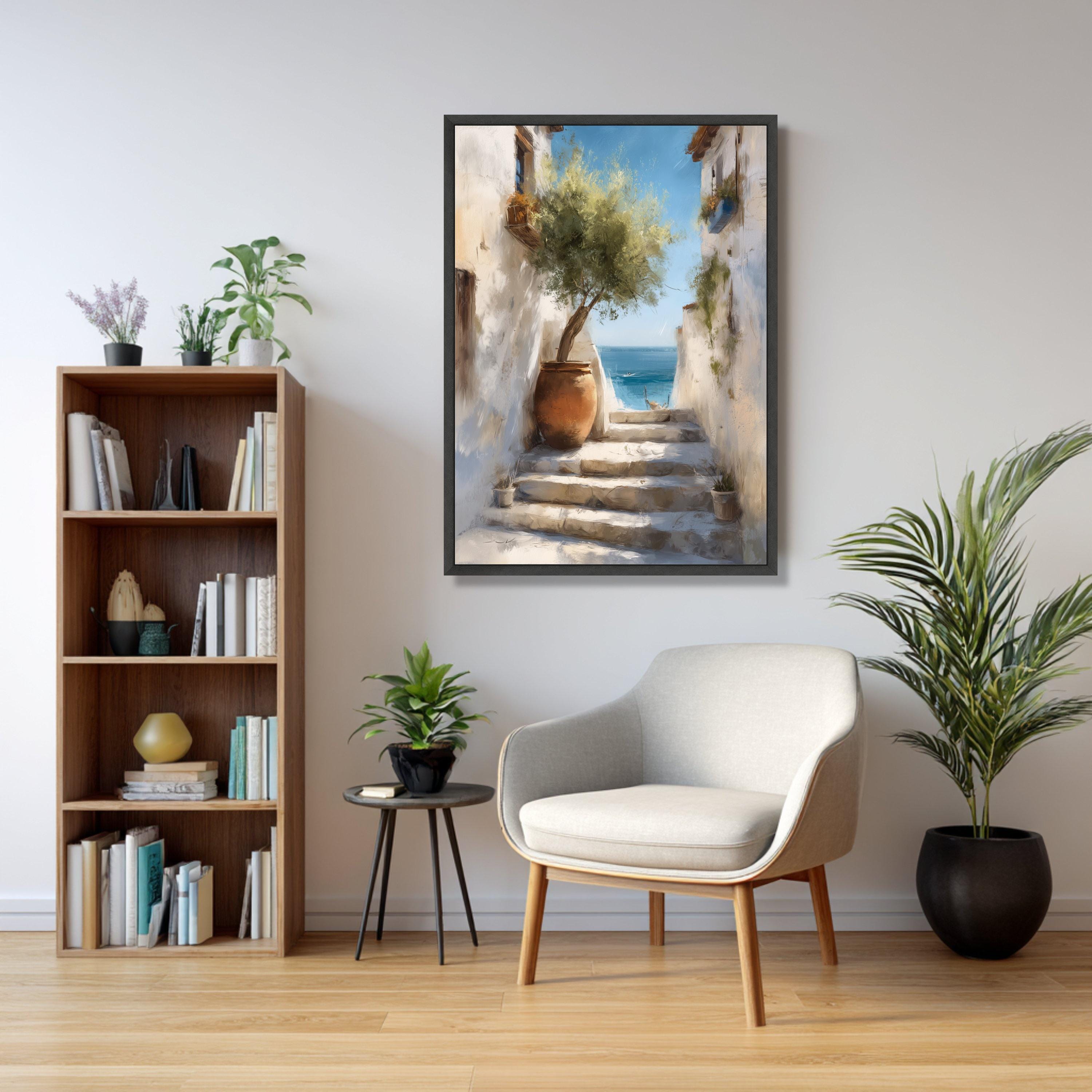Mediterranean Sea View Canvas Print, Olive Tree Clay Pot, Coastal ...