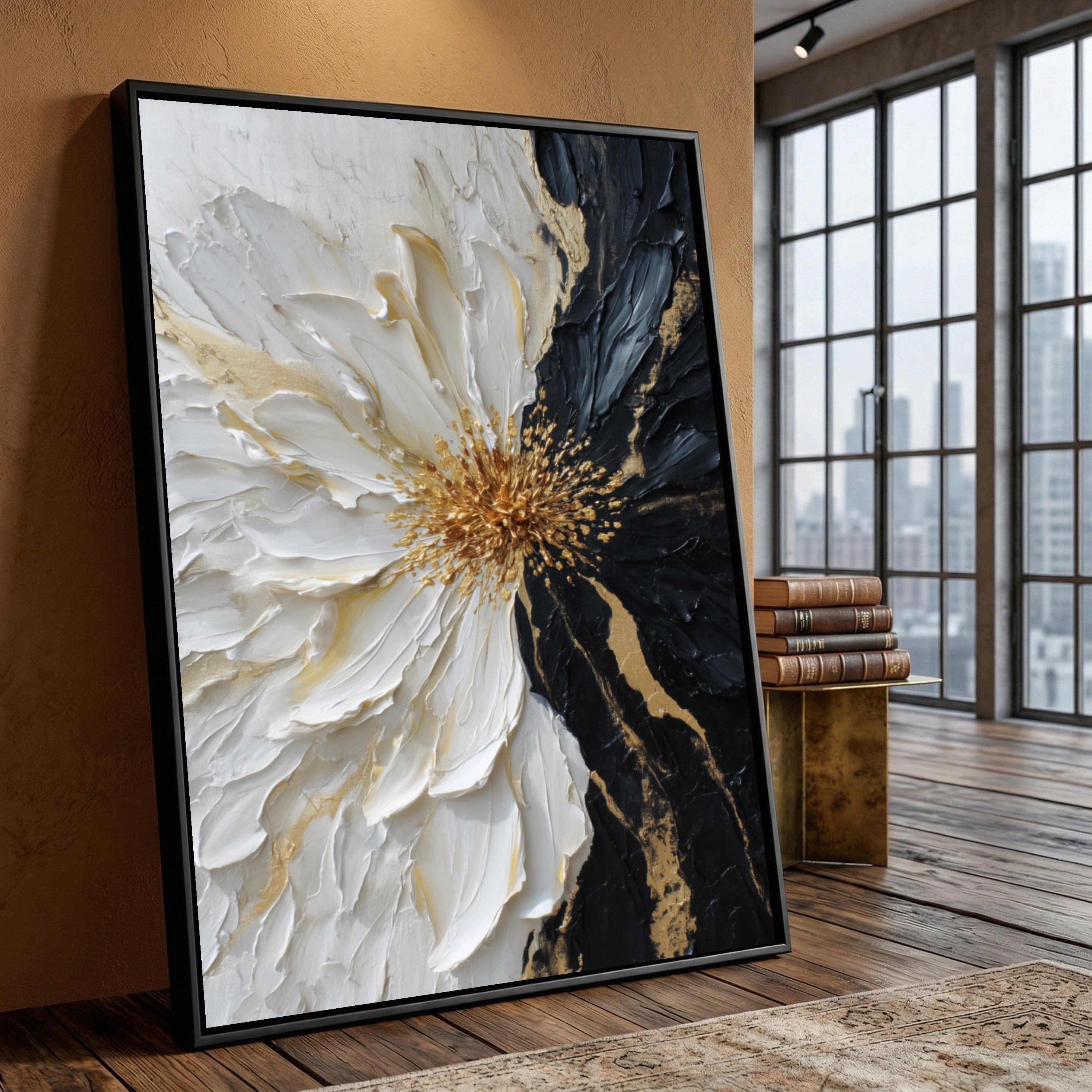 Black and White Floral Wall Art Canvas Print – Gold Accent Modern ...