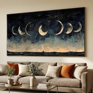May include: A rectangular wall art print featuring a horizontal sequence of moon phases against a dark, starry night sky. The bottom portion depicts a textured, dark landscape transitioning into a soft, warm horizon line with visible brushstrokes.