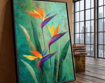 Lienzo con estampado de aves del paraíso, arte mural floral tropical, decoración botánica colorida para el hogar.