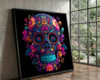 Day of the Dead Skull Canvas Print, Floral Sugar Skull Wall Art, Mexican Home Decor