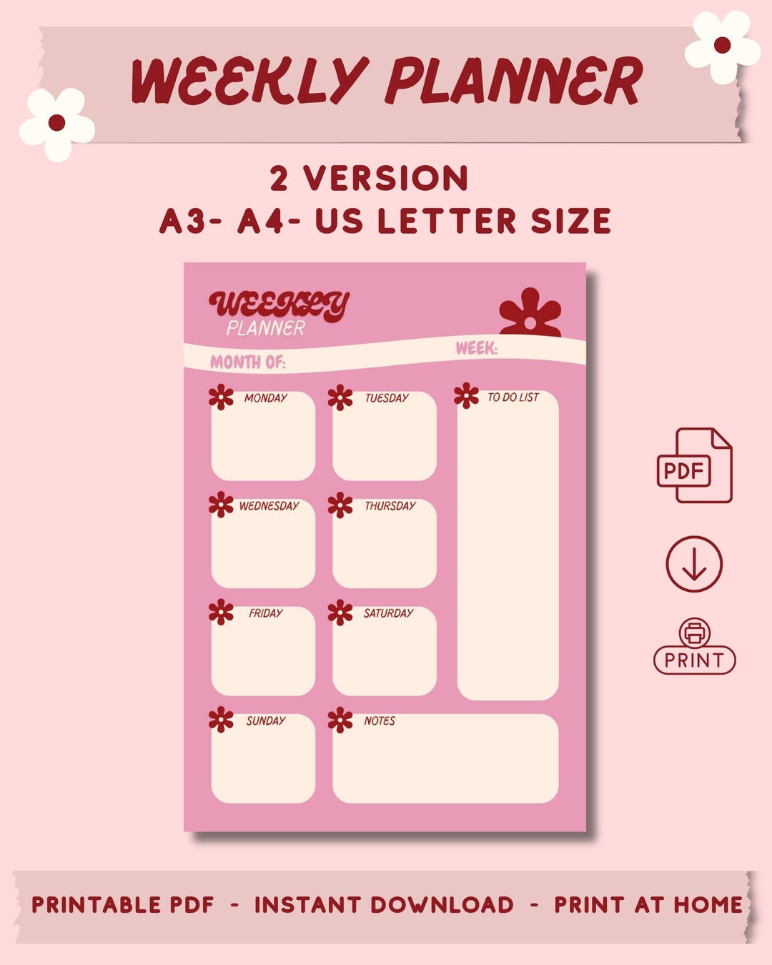 Pastel Pink Weekly Planner Printable (A3, A4, US Letter) (digital ...