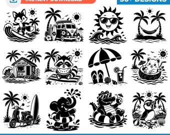 May include: A collection of over 50 black and white digital illustrations featuring summer themes including a surfing fox, a camper van, a smiling sun, palm trees, a surf shack, a raccoon with watermelon, beach gear, and various animals in water.