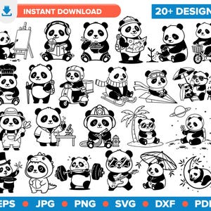 May include: A collection of black and white panda bear illustrations in various poses and professions. The image includes pandas as an artist, chef, scientist, astronaut, and more. Text at the top reads "INSTANT DOWNLOAD" and "20+ DESIGNS".