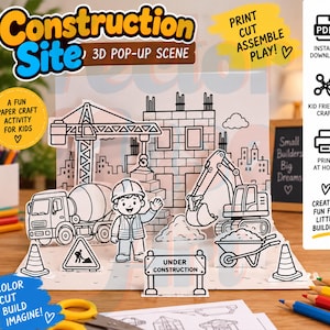Utskrivbar popup-bild för byggarbetsplats i 3D, byggdiorama för barn, klipp och pyssla med papper, bygg en scen DIY PDF