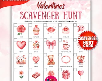 Valentines Day Scavenger Hunt Printable, Valentine's day Game for Kids & Adults, Valentines Classroom Activity, Valentines treasure Hunt PDF