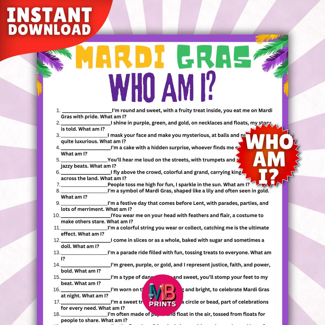 Fat Riddle Character Who I Am Game Mardi Gras PDF Download, Guess the Riddle Game Printable ...