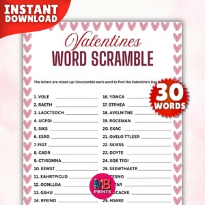 Valentine Word Scramble Game, Word Scramble-puzzel, Valentijnsdag Word Scramble afdrukbaar, afdrukbare pdf feestactiviteit, klasspel