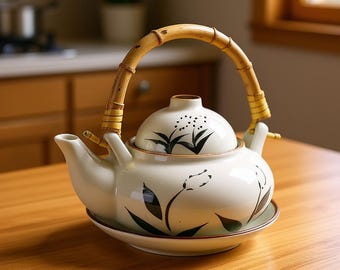 Handbemalte Blumenkeramik Teekanne | Japanischer Bambus Griff Keks