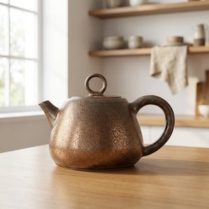 May include: A bronze-colored teapot with a textured surface and a rounded handle. The teapot has a circular handle on the lid and a spout for pouring. It sits on a wooden surface, suggesting a kitchen setting.