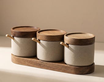 Ceramic Spice Jar Set with Wooden Lids, Japandi Kitchen Organizer