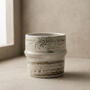 Puede incluir: Taza de cerámica hecha a mano con un esmalte blanco roto texturizado y bandas horizontales marrones. La taza cilíndrica presenta una forma única, ligeramente irregular y pequeñas motas oscuras cerca del borde. Adecuada para bebidas frías o calientes.