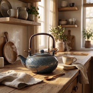 Peut inclure: Une théière en céramique bleue tachetée avec une poignée tressée est posée sur un comptoir en bois. De la vapeur s'élève de la théière et d'une tasse de thé. Une cuillère en bois et un tissu en lin sont également sur le comptoir.