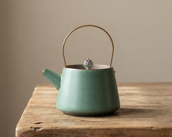 Handmade Ceramic Teapot, Brass Handle, Minimalist Zen Teaware