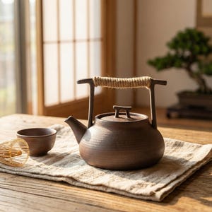 Puede incluir: Una tetera de cerámica marrón con un asa de cuerda y una taza a juego sobre un paño de lino. La tetera tiene un pico y una tapa con un asa pequeña. El asa es de cuerda natural. La taza es pequeña y redonda.