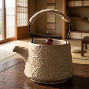 Op de afbeelding: Een beige keramische theepot met een textuuroppervlak, een tuit en een zwart metalen handvat omwikkeld met touw. De deksel heeft een kleine, ronde, rode knop. De theepot staat op een houten tafel.