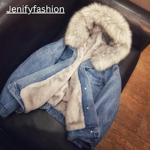 Vintage oversized spijkerjack met capuchon van imitatiebont – met fluweel gevoerde winterparka