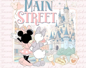 Vintage Meet Me On Main Street PNG, Retro Minnie And Daisy Besties Tee, Magic Kingdom Castle Tee, Disney Girls Trip Gift