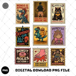 May include: A collection of nine postage stamp designs with various illustrations. The stamps feature images of a dinosaur, a muscular man, a cat, a skull, a cat and dinosaur, a cat with glasses, a donut, a foot, and a man with a dog. Text includes phrases like "Mongo is Appalled" and "New Achievement!"