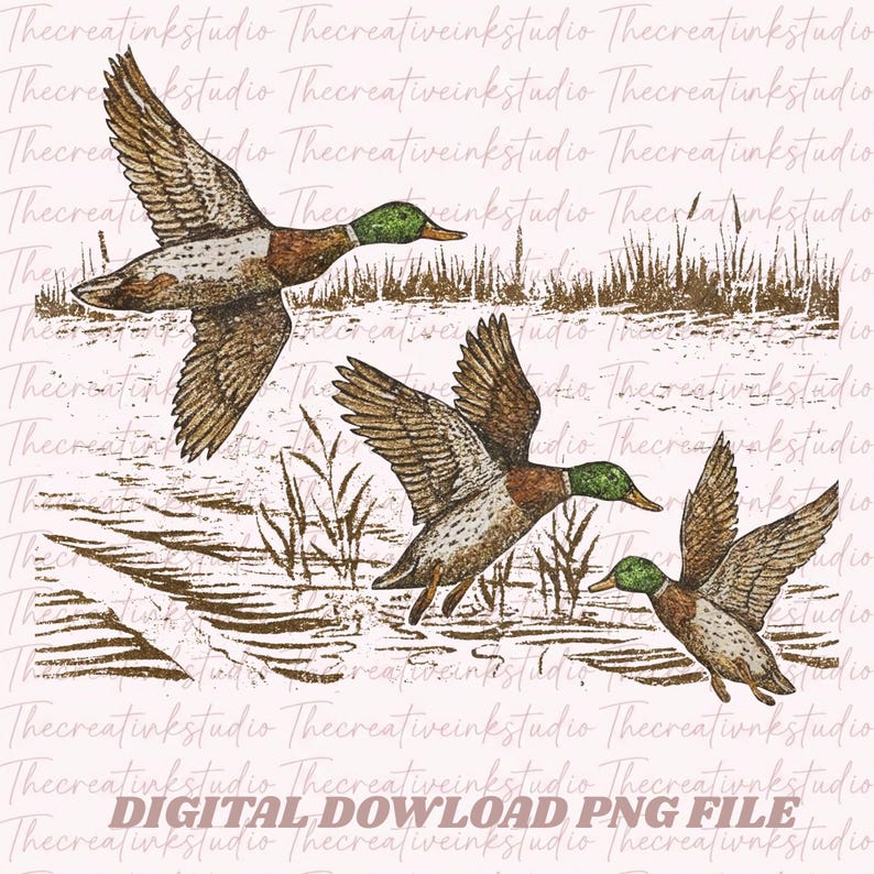 May include: A digital illustration of three ducks in flight over water and reeds. The ducks have brown, white, and green coloring. The text "DIGITAL DOWNLOAD PNG FILE" is at the bottom of the image.