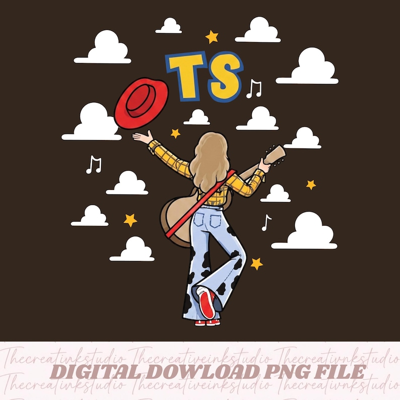 Puede incluir: Una ilustraci&oacute;n digital sobre un fondo marr&oacute;n oscuro que muestra a una persona de cabello rubio vista desde atr&aacute;s, con una camisa de cuadros amarilla y pantalones acampanados con estampado de vaca. Sostiene una guitarra y un sombrero rojo, con nubes blancas, estrellas amarillas, notas musicales y el texto TS en azul y amarillo.