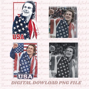 May include: Digital PNG file download featuring a person smiling, wrapped in an American flag. The image includes the word "USA" in a rectangular frame, with a distressed, vintage aesthetic. The background is a repeating pattern.