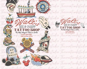 Tienda de tatuajes retro de tinta y pintura de Walt, camiseta con tatuajes de Disney Flash, viaje a Disneyworld, descarga digital de tatuajes retro de Magic Kingdom