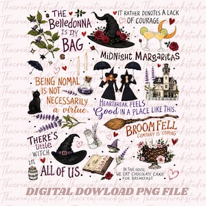 May include: A digital graphic sheet featuring witch-themed illustrations including black hats, a cat, a broom, a mansion, a chocolate cake, and potion bottles. Text includes "The Belledonna is my bag," "Midnight Margaritas," and "In this house, we eat chocolate cake for breakfast."