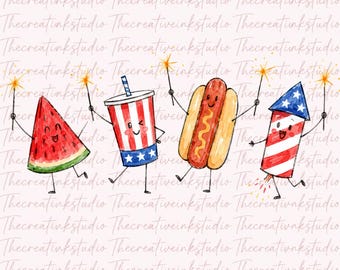 Patriotisk klotter PNG, söt sublimeringsdesign för fjärde juli, fyrverkeri med vattenmelonkorv PNG, retro Americana-skjortagrafik, rolig sommar PNG