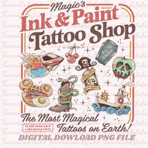 May include: A digital download graphic featuring a collection of vintage-style tattoo designs. The image includes a race car, cherries, a skull-adorned bottle, a coffin, a green apple, a waffle, a cowboy boot with a snake, and a ship. Text reads "Magic's Ink & Paint Tattoo Shop."