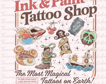Vintage Magic Tattoo Shop png, inspirerad bläck- och färggrafik direktnedladdning, retro Magic Kingdom-familjeutflyktspresent, temapark-png