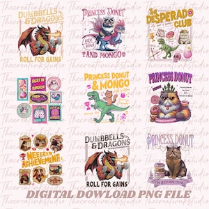 以下が含まれることがあります： 風変わりなデザインのデジタルPNGファイルのコレクション。デザインには、「Dumbbells & Dragons」のテキストが入ったダンベルを持ち上げるドラゴン、「Princess Donut & Mongo」のテキストが入った恐竜に乗る猫、その他の漫画グラフィックが含まれています。