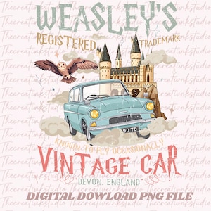 May include: A light blue vintage car illustration with the text "WEASLEY'S" and "VINTAGE CAR". The image includes an owl, a castle, and the words "REGISTERED TRADEMARK" and "DEVON, ENGLAND".