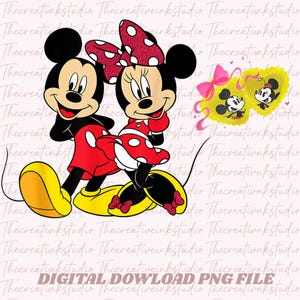 May include: A digital download PNG file featuring Mickey Mouse and Minnie Mouse. Mickey is in red shorts and yellow shoes, while Minnie wears a red dress with white polka dots and a matching bow. Two heart-shaped frames with Mickey Mouse are also shown.
