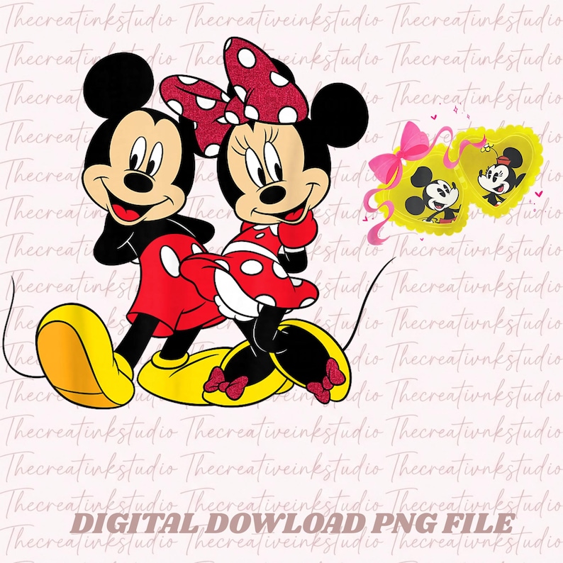 May include: A digital download PNG file featuring Mickey Mouse and Minnie Mouse. Mickey is in red shorts and yellow shoes, while Minnie wears a red dress with white polka dots and a matching bow. Two heart-shaped frames with Mickey Mouse are also shown.