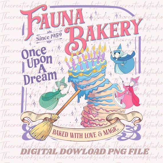Fauna Bakery Once Upon A Dream File Digital Printable, Disney Fairy Flora Fauna PNG, Retro Disney Bakery Top PNG