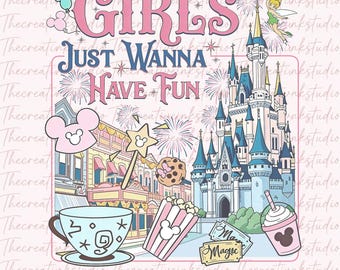 Retro 90s Disneyland Castle Girls Just Wanna Have Fun Trip PNG, Minnie and Daisy Girls Couples Girl Trip Tee, Disney Girls Trip png