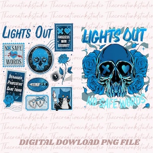 Può includere: Un design digitale con un teschio blu circondato da rose, con le parole "LIGHTS OUT" e "NO SAFE WORDS". Ulteriori elementi includono francobolli con varie grafiche e testo, tra cui un gatto con un coltello.