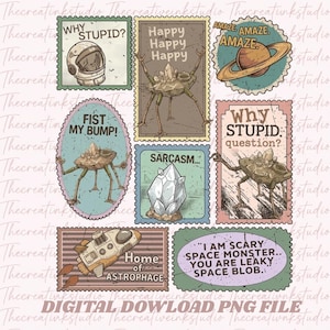 May include: A set of quirky, retro-style postage stamp designs. The stamps showcase illustrations of a space helmet, alien-like creatures, crystals, a spaceship, and the planet Saturn. Text includes phrases like "Why Stupid?" and "Home of Astrophage."
