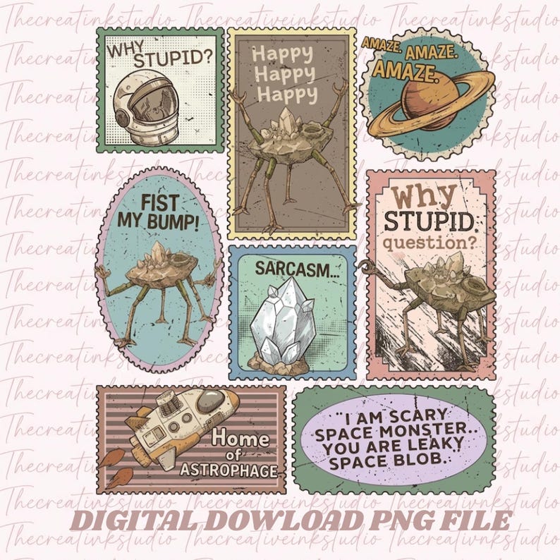 May include: A set of quirky, retro-style postage stamp designs. The stamps showcase illustrations of a space helmet, alien-like creatures, crystals, a spaceship, and the planet Saturn. Text includes phrases like "Why Stupid?" and "Home of Astrophage."