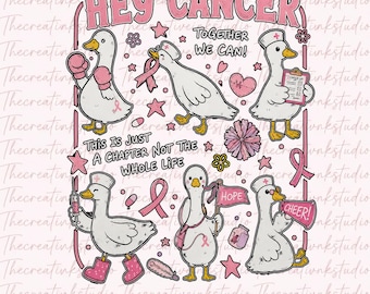 May include: A digital graphic featuring six white ducks in various poses with pink accents. Text includes HEY CANCER, TOGETHER WE CAN, and THIS IS JUST A CHAPTER NOT THE WHOLE LIFE. The ducks wear nurse caps, boxing gloves, and hold items like a clipboard, syringe, and megaphone.