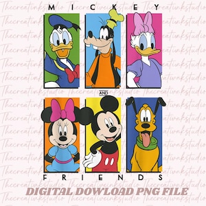 May include: A digital download PNG file featuring six cartoon character portraits: Donald Duck, Goofy, Daisy Duck, Minnie Mouse, Mickey Mouse, and Pluto. The word "FRIENDS" is at the bottom. The background has a repeating watermark.