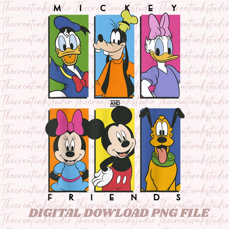 May include: A digital download PNG file featuring six cartoon character portraits: Donald Duck, Goofy, Daisy Duck, Minnie Mouse, Mickey Mouse, and Pluto. The word "FRIENDS" is at the bottom. The background has a repeating watermark.