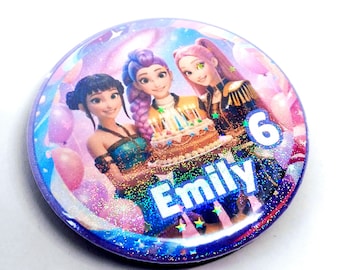 Personalised K-Pop Demon Hunters Birthday Badge – Holographic Huntrix Pin Badge 58mm Custom Name & Age