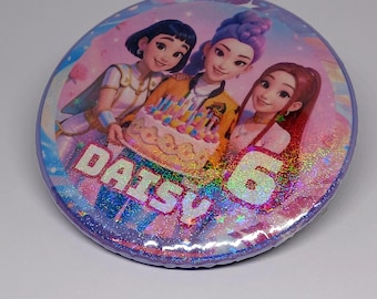 Personalised K-Pop Demon Hunters Birthday Badge – Holographic Huntrix Pin Badge 58mm Custom Name & Age