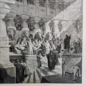 May include: Black and white illustration depicting a detailed interior scene with numerous figures. The artwork features architectural elements, including columns and detailed carvings. Figures are dressed in robes, and the scene appears to be a historical or religious depiction.