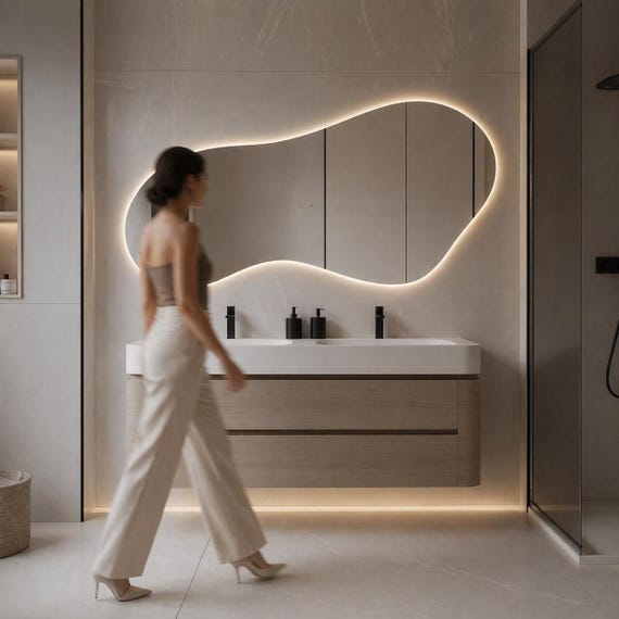 Modern LED Wall Mirror Irregular Backlit Mirror for Bathroom Living Room,Decorative Vanity Mirror White Light,Asymmetrical Mirror,Home Decor