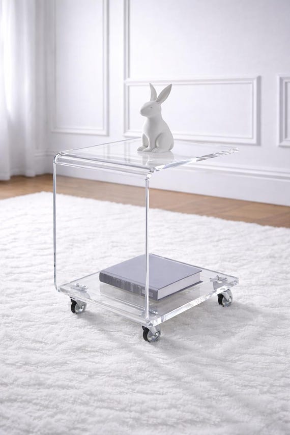 Clear Acrylic Rolling C Table, Modern Lucite Side Table